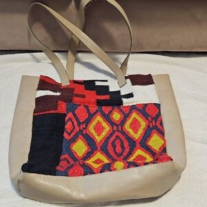 Jasper & Jeera Beige Leather Tote with Red & Yellow Geometric Accent